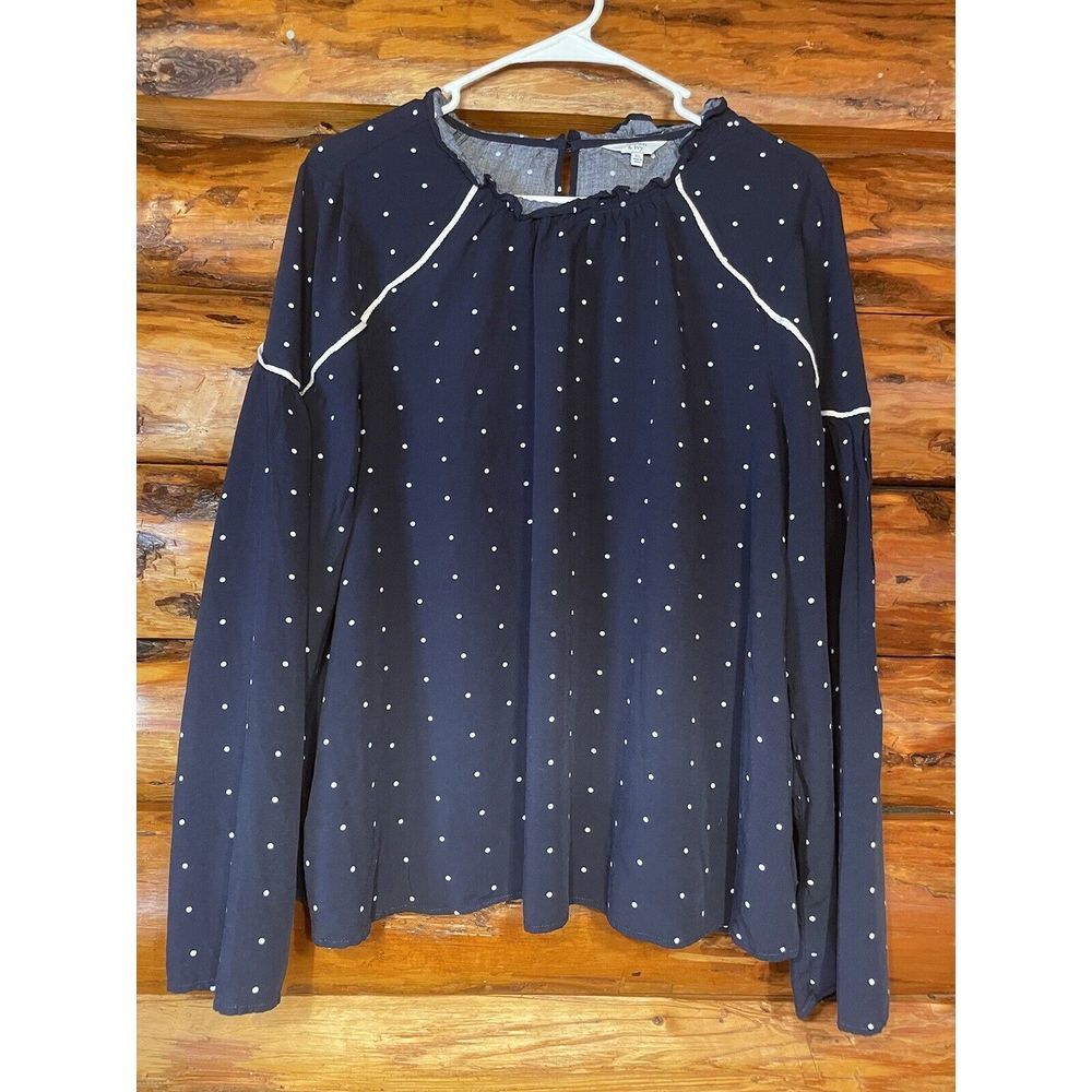 Crown & Ivy Navy Blouse With White Polka Dots Size XL